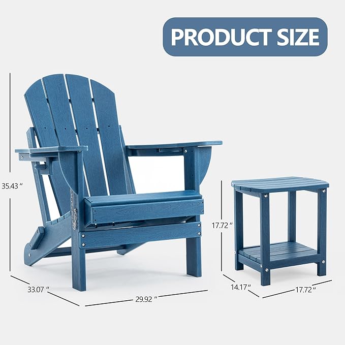 Folding Adirondack Chair Set with Side Table - HDPE Outdoor Patio Chairs, Weatherproof Chair with Reclining Back, Cup & Phone Holder, and 2-Tier Storage End Table for Firepit or Garden (Blue)