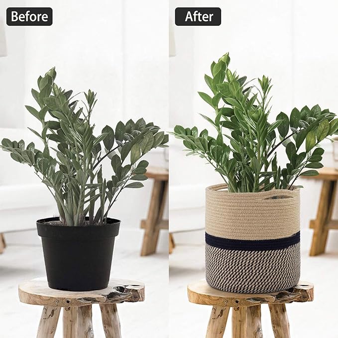TIMEYARD Sturdy Jute Rope Plant Basket Modern Woven Basket for 11" Flower Pot Floor Indoor Planters, 12'' x 12'' Storage Organizer Baskets Rustic Home Decor, Black and Beige Stripes