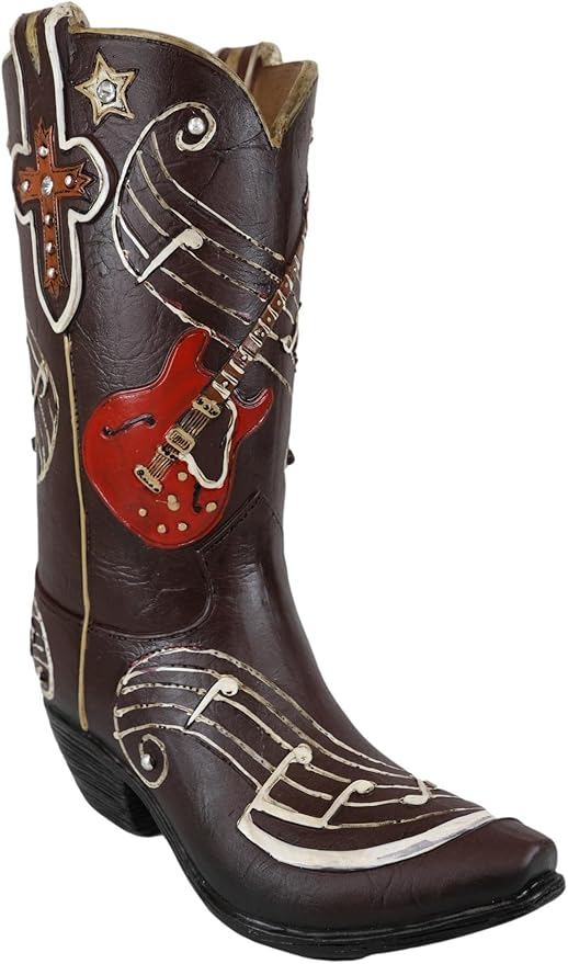 Ebros Gift Wild West Faux Tooled Leather Cowgirl Cowboy Boot with Western Star Cross Guitar and Musical Notes Chords Desktop Floral Vase Planter Sculpture Rustic Accent Boots Figurine