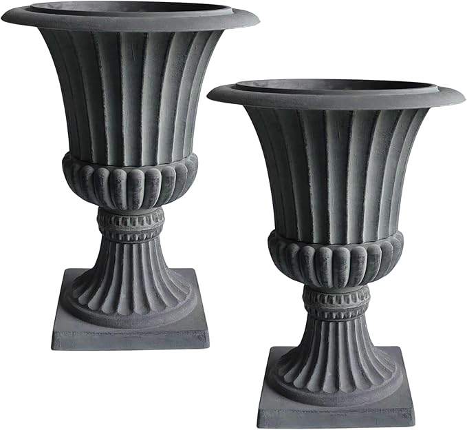 Austram Urn Planters 22", Set of 2, Tall Stone-Resin Pedestal Planters for Outdoor Plants, Large Front Porch Decor, Patio Garden Pots, Outdoor Urns for Entryway, Porch & Deck, Grey Plant Pot