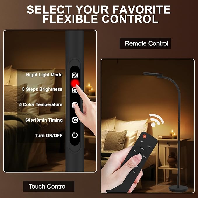 Sozapooty Light Therapy Lamp 10000 Lux UV-Free Sun Floor Lamp, 360° Gooseneck Happy Lamp with 5 Colors & 5 Brightness Levels & Remote Control + Touch Dual Control (Black)