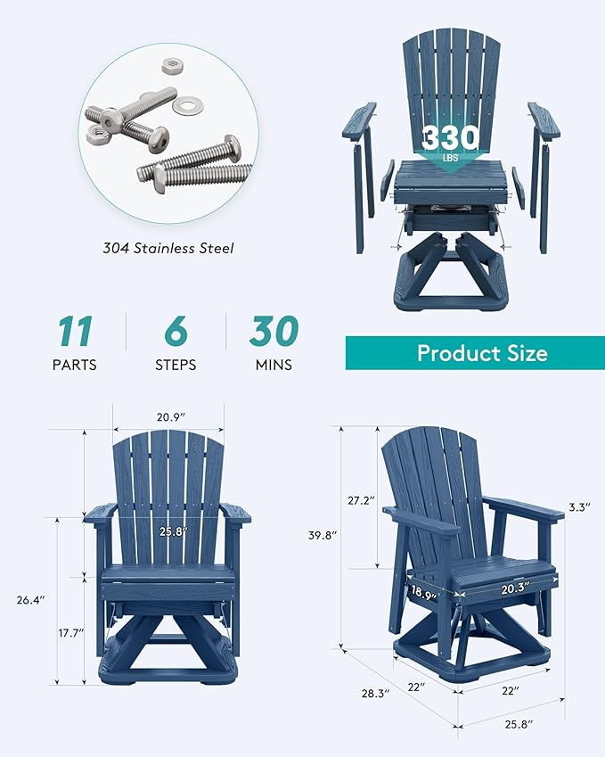 SERWALL Adirondack Swivel Glider Chair, HDPE Patio Glider for Outdoor, All-Weather Glider Chair for Porch, Balcony, Navy Blue