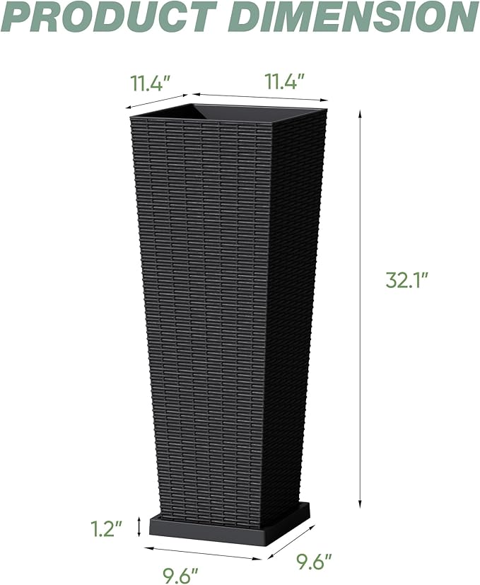Flamaker Set of 2 Resin Rattan Planters with Tray for Indoor Outdoor, 32'' Tall Flower Pots with Drainage Holes&Inner Pot, Tapered Planters for Garden, Patio, Porch (Black, Large)