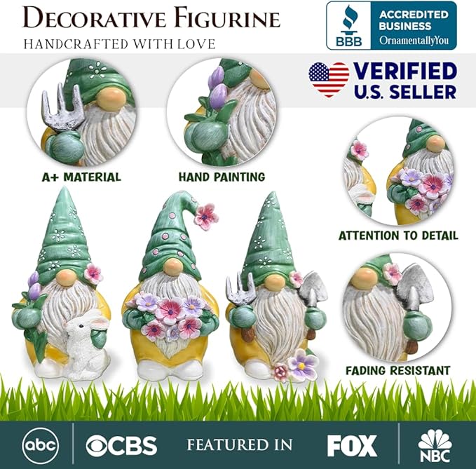 Spring & Summer-Themed Garden Statues – Adorable Outdoor Decor for Lawn, Patio & Porch (Garden Guardians Set of Three 6" Gardening Gnome Figurines, Floral Green and Yellow Statue Decor)