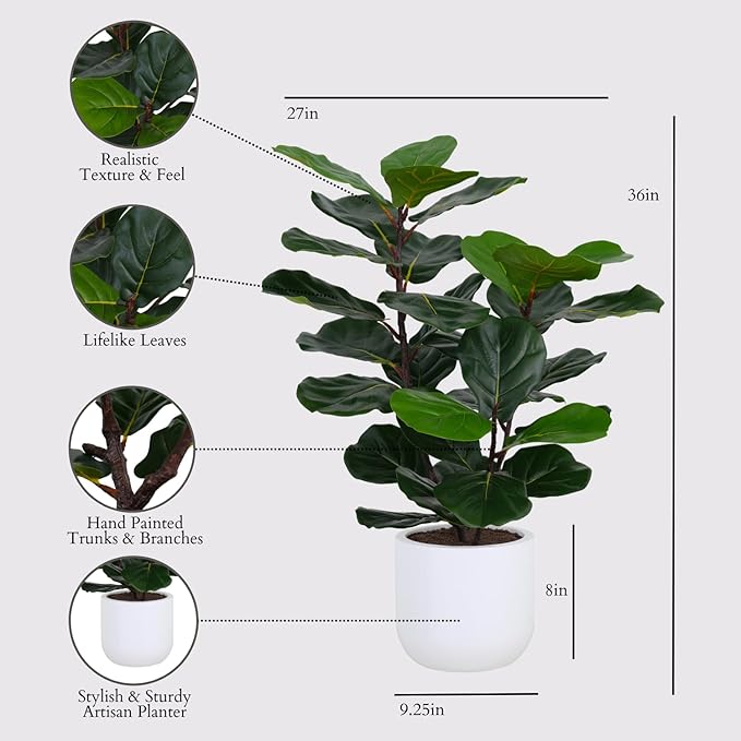 CG Hunter Faux Fig Tree, Premium Artificial Indoor Tree Stands 3-ft Tall, Lifelike-Leaves & Hand Painted Trunk, Pot Included