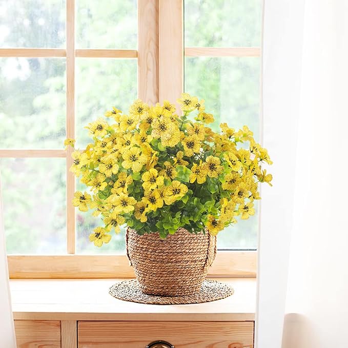 Grunyia 10 Bundles Artificial Flowers Outdoor UV Resistant Fake Flowers No Fade Faux Plants Garden Porch Window Box Decorating (Yellow)