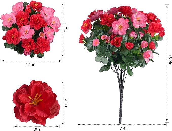 Artificial Fake Outdoor Flowers Plants, Faux Silk Camellia Bundles UV Resistant No Fade Realistic for Planter Pot, Outside Porch Patio Balcony Garden Yard Home Decoration, 3 Large Bundles(Melon Red)