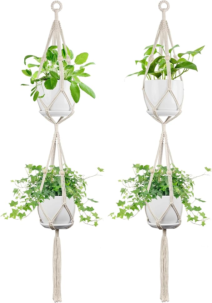IDEEEPAN Macrame Plant Hanger - Fits 4 to 8 inches Pots for Indoor Outdoor, 49 Inch, Set of 2, Ivory (POTS NOT Included)