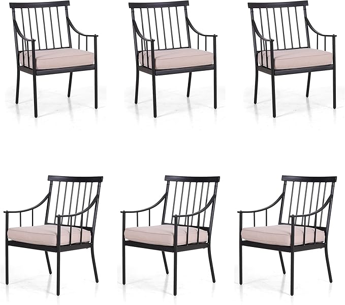 PHI VILLA Outdoor Metal Steel Dining Chairs with Cushion, Black Heavy-Duty Weatherproof Armchairs for Patio, Deck, Yard - Set of 6