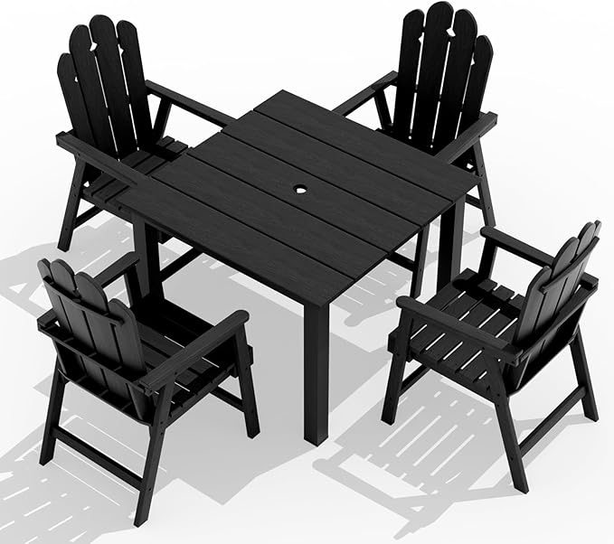 5-Piece Patio Dining Set, Outdoor Dining Set for 4, HDPE All-Weather Outdoor Furniture with 35.43” Umbrella Hole Table, 4 Armchairs, Black