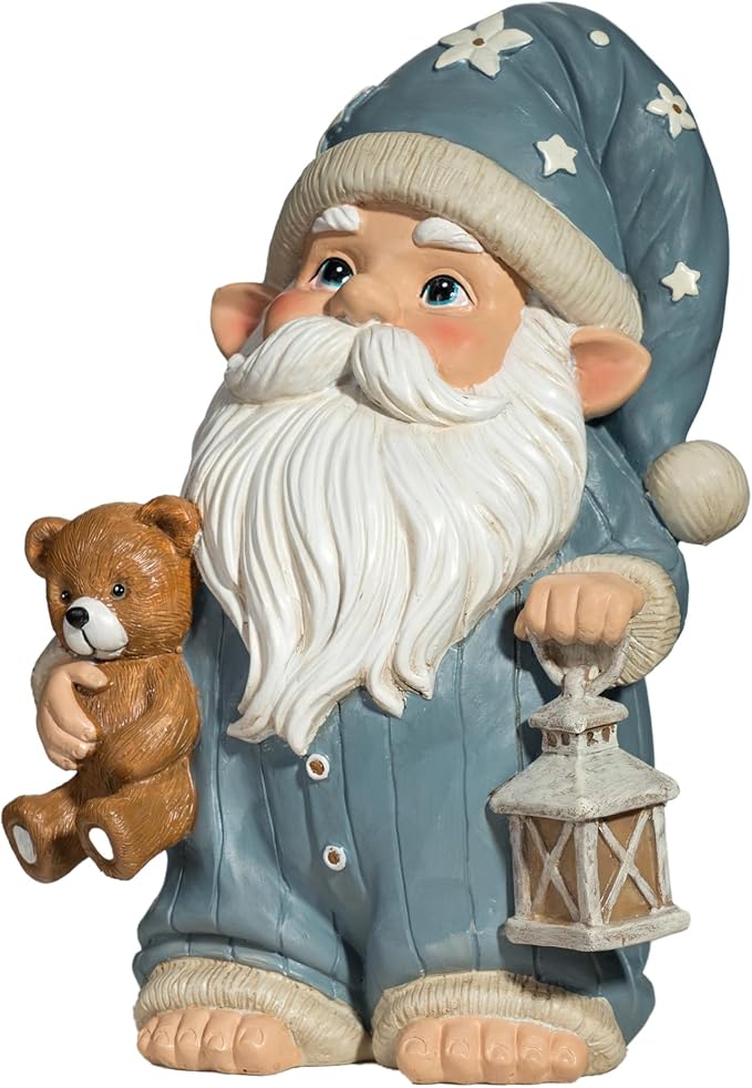 Sleepy Garden Gnome with Teddy Bear & Lantern - 9" Weatherproof Resin Statue - Indoor Outdoor Decor - Whimsical for Home, Patio & Lawn