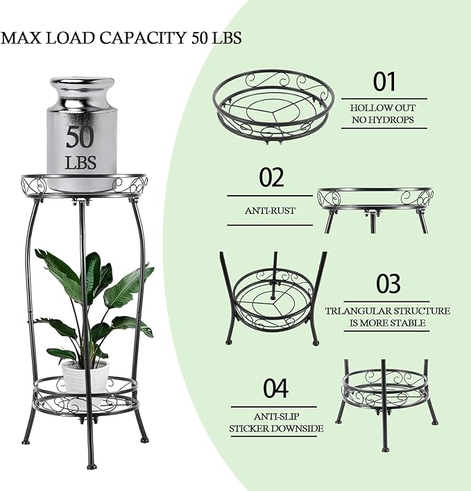 Kavlium 2-Pack Plant Stand Indoor Outdoor,Tall Black Metal Rustproof Stable Plant Stands,2 Tier 27.1 inch Multiple Plant Rack for Planter Corner Garden Living Room & Garden