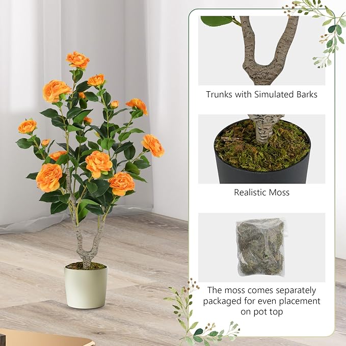Goplus 36’’ Artificial Camellia Tree, Flower Plants Artificial Tree, Faux Floral Plant Blooming Tree in Nursery Pot, Greenery Potted Plant for Indoor Office Home Porch Decor, Orange