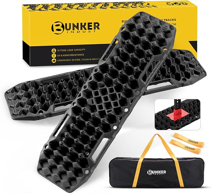 BUNKER INDUST Off-Road Traction Boards with Jack Base,Pair Recovery Track 4X4 Jeep Truck Emergency Tire Traction Mat with Bag -Sand, Mud, Snow Tracks Black Traction Pad (Gen 7th)