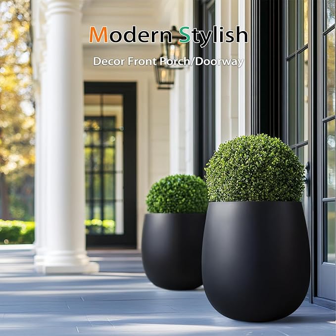 Heyzier Oval Concrete Planters for Outdoor Plants, Large Tall Cement Flower Pots Indoor for Garden, Front Porch, Patio (Black)