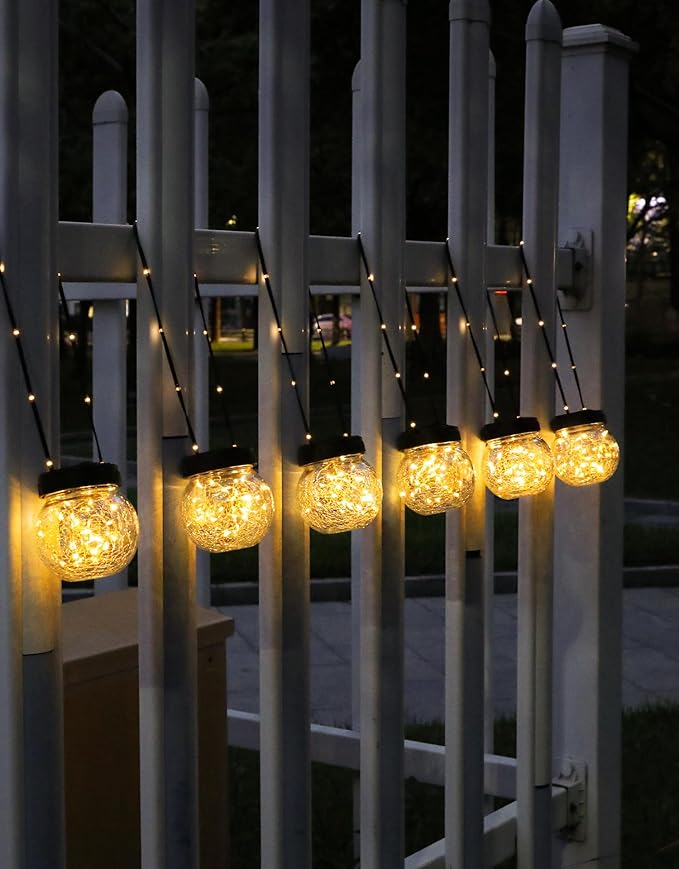 PARTPHONER Solar Lights Outdoor Waterproof 12-Pack, Solar Powered Hanging Lantern Cracked Glass Hanging Globes for Yard Decor Christmas Decoration, Shepherd Hook, Garden Tree Table Ornaments, Warm