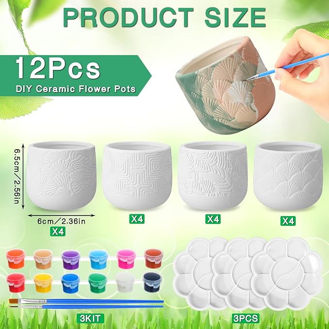 Zubebe 12 Pcs Paint Your Own Ceramic Pots Bulk Unfinished Embossed Succulent Pots Craft Kit with Drainage Hole Mini Paintable Plant Vase Ready to Paint Planter for Cactus DIY Craft