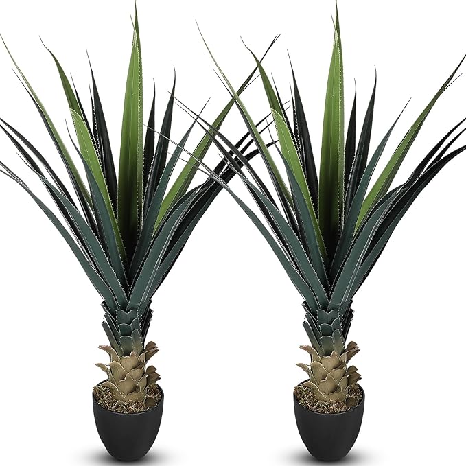 Giegxin 2 Pieces 4ft Tall Artificial Spiked Agave Plant Potted Faux Agave Plants 48'' UV Resistant Large Realistic Artificial Greenery Outdoor Indoor for Housewarming Gift House Garden Bathroom
