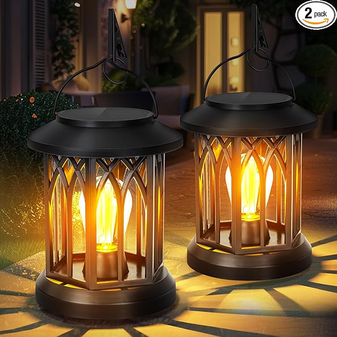Hanging Solar Lanterns Outdoor Waterproof - 2 Pack Outdoor Lantern Decorative, Hanging Solar Lights for Outside, Outdoor Solar Powered Lantern with Handle & Clip for Patio Yard Decor