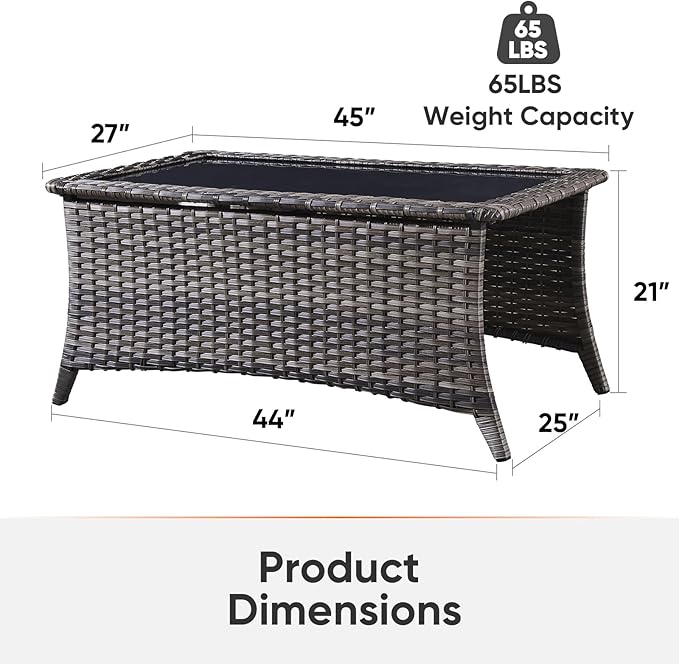 Outdoor Coffee Table - Patio Rattan Wicker Coffee Table with Tempered Glass Top Outdoor Table for Deck Porch Balcony Garden - Grey