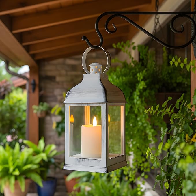 White Vintage Lantern Decorative LED Flickering Flameless Candle with Timer, Battery Powered LED Decorative Hanging Lanterns for Indoor Outdoor Wedding Garden Yard Home Decor(4 Pack)