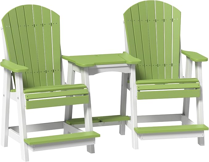 LuxCraft Poly Tete-a-Tete Patio Table and Counter Height Balcony Chairs with Umbrella Hole, Weatherproof Outdoor Patio Furniture Set for Outside - Amish Made in USA (Lime Green & White)