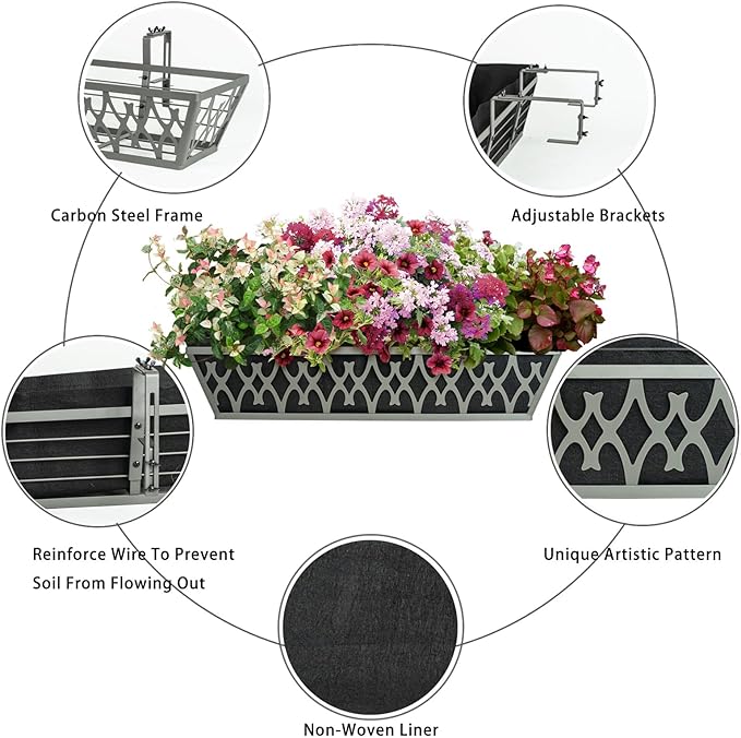 4 Pack 24 Inch Window Boxes Planters Railing Planter Box with Adjustable Brackets & Non-Woven Fabric Plant Grow Bags Deck Railing Planter Boxes Balcony Hanging Flower Box for Outdoor Plants