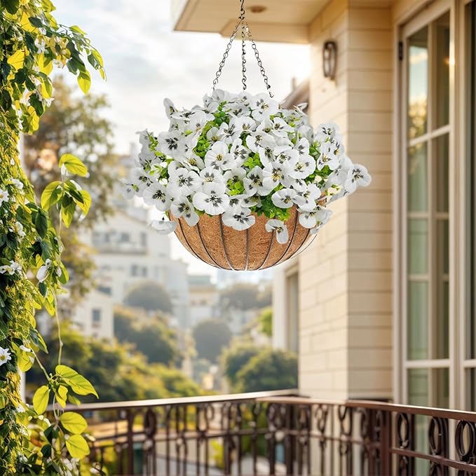 SupBri 12 Bundles Artificial Flowers for Outdoor, UV Resistant Fake Pansy Flowers, Silk Faux Fowers for Outdoor Planters Home Garden Office Patio Front (12, White)