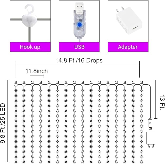 16 Colors Changing Curtain Lights - 400 LED 14.8 X 9.8 FT Fairy String, 7 Modes Twinkle with Remote, Backdrop Wall Hanging Dripping for Bedroom Backyard Halloween Christmas Decor