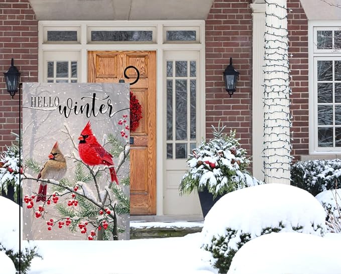BLKWHT Winter Cardinal Bird Garden Flag 12x18 Vertical Double Sided Farmhouse Trees Snow Christmas Holiday Outside Decorations Burlap Yard Flag BW233