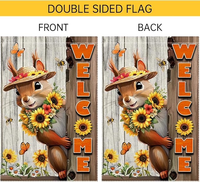 Welcome Spring Summer Garden Flag 12x18 inch Vertical Double-Side Small Burlap sunflower Squirrel Garden Flags Yard Porch Outdoor Patio Lawn Decor Flags Decorations