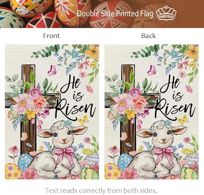CROWNED BEAUTY Easter Garden Flag He is Risen Cross 12x18 Inch Double Sided Floral Holiday Decoration for Outdoor Lawn Yard
