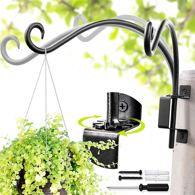 Qiang Ni Plant Hanger Outdoor: 12 Inch Bird Feeder Bracket for Garden Patio Decor - Swivel Adjustable Wall Mount Plant Hook for Hanging Flower Baskets