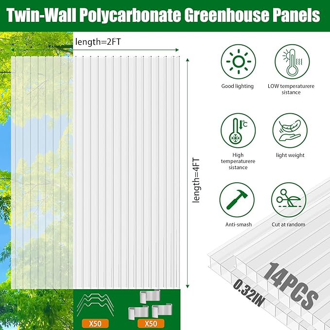 Polycarbonate Greenhouse Panels 14 Pack 4' x 2' x 0.32" Twin-Wall UV-Protected All Weather Plastic Roof Panel Clear Replacement Sheets for Garden Fences, Furniture DIY,Outdoor Roofing