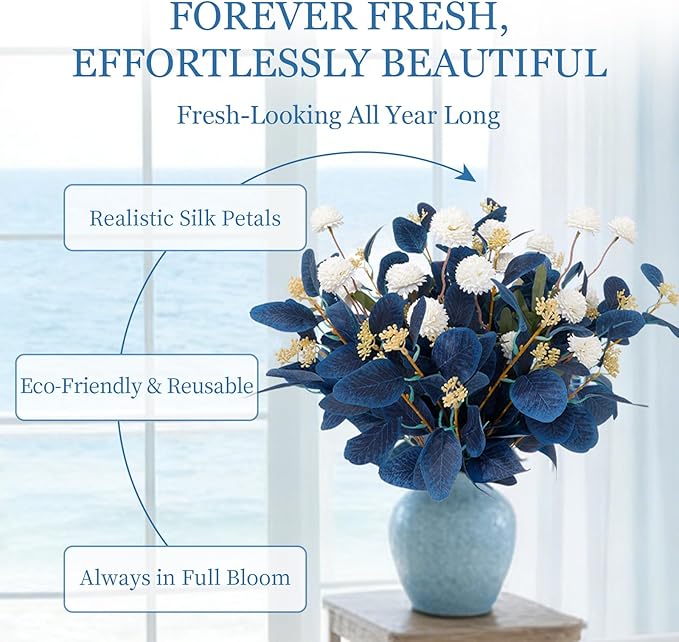 Fake Flowers for Vase, 16 pcs Faux Silk Pompom Mum Artificial Flowers with Eucalyptus Stems, Mini Floral Long Stem Arrangements for Home Decor, Wedding, Table Centerpieces DIY Floral Designs