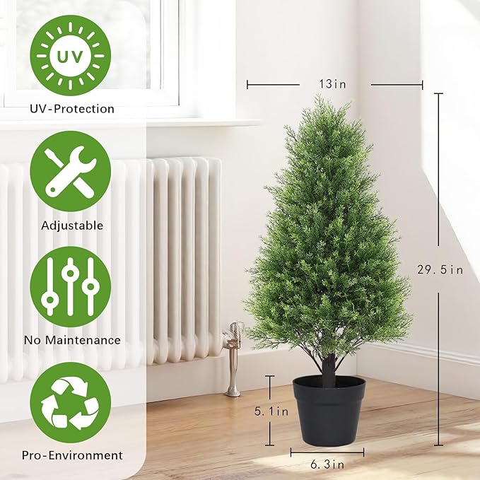 Azoco Artificial Cedar Topiary Trees Set of 2, 30'' UV Resistant Faux Cypress Pine Plants Outdoor, 2.5ft Large Realistic Faux Evergreen Cone Bushes & Shrubs for Front Porch Planter Christmas Decor