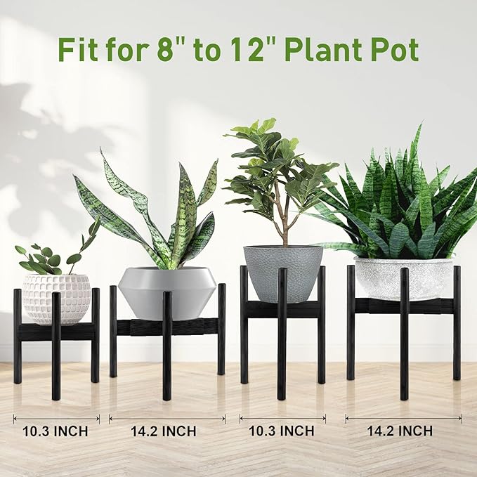BESHOF 2 Pack Bamboo Plant Stands, Adjustable Plant Stand Indoor, Mid Century Modern Plant Stand, Plant Holder for Living Room, Balcony Fits 8 to 12 Inches Pots (Black)