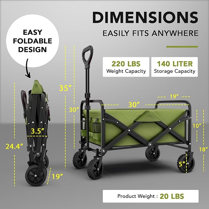 Lifetime Home Collapsible Foldable Heavy Duty Utility Wagon Cart with Larger Capacity - Perfect for Shopping, Sports Events, Grocery, Moving, Camping, Laundry, Beach - Green