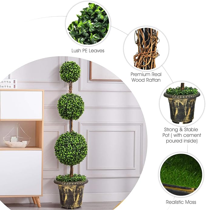 DREAMADE 4ft Topiary Trees Artificial Outdoor/Indoor, Faux Plants Shrub Bushes w/Cement-Filled Retro Pot, Fake Triple Ball Boxwood Topiary Set of 2 for Home, Office, Porch, Front Door, Entrance