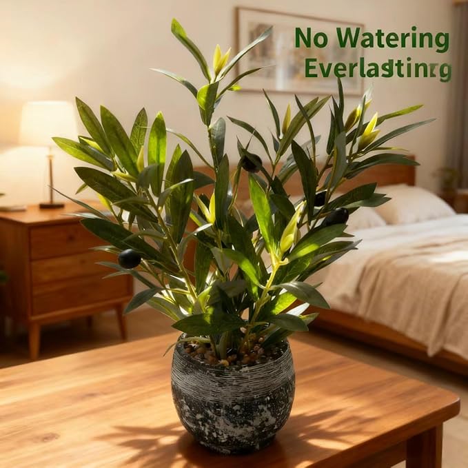 Ewtogift Indoor Faux Olive Plant 12 inch Artificial Silk Leaves in Elegant Planter Perfect Fake Olive Branches with Realistic Trunk and Lifelike Fruits Tabletop Greenery Decor for Home Office