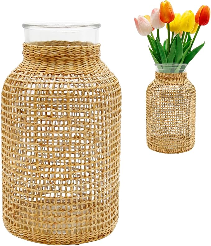 MDEOOSKY Straw Woven Glass Vase 10.25''X3.93''X5.52''Boho Glass Flower Vase Country Rustic Style Vase Glass Vase for Floral Arrangements Bottle Height (B Style 10.25IN)
