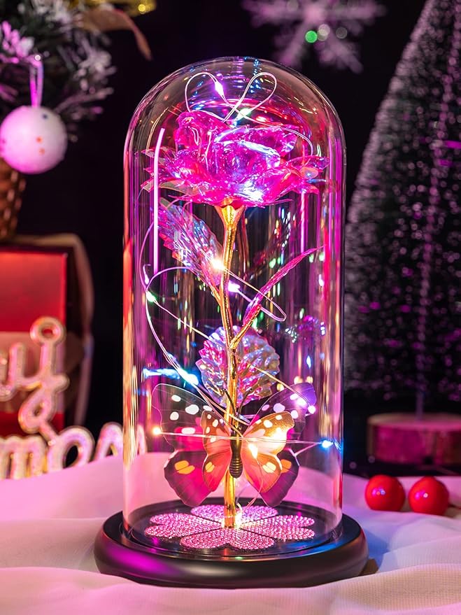 Valentines Day Rose Gifts for Her Women Birthday Gift Galaxy Glass Rose in Glass Dome Forever Eternal Crystal Flowers with Butterfly Valentines Day Gifts for Women Daughter Mom Wife Girlfriend Pink