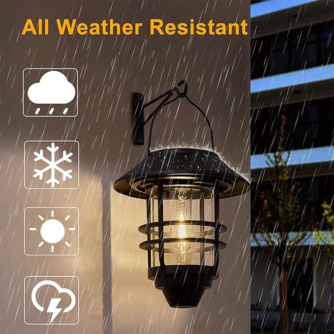2 Pack Solar Wall Lanterns Outdoor Waterproof Hanging Solar Wall Lights Glass Metal with Wall Mount Bracket,Garden Lantern Warm White 3000K, Auto Dusk to Dawn for Outdoor Front Porch Exterior Lighting