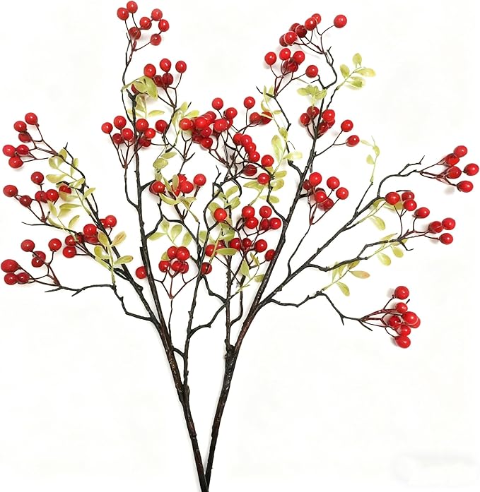 2-Pack 27.5 Inch Red Berry Stems,Artificial Red Branches, Bendable Faux Branches with Berry Stems for Home Decor, Weddings, Parties