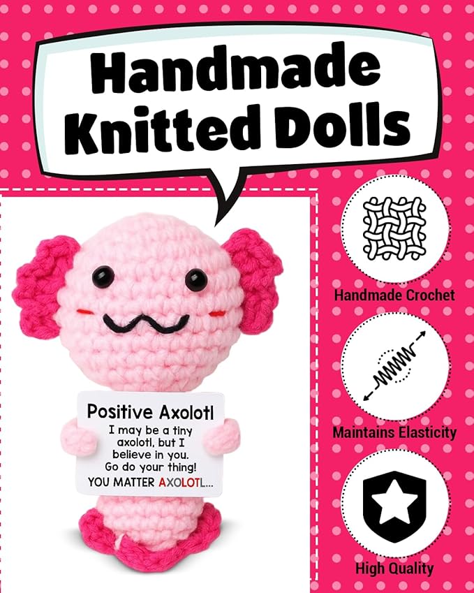 WEZADUK Positive Crochet Axolotl Gifts for Her Women, Mini Handmade Emotional Support Axolotl Plush with Encouraging Card, Motivational Christmas Birthday Gifts