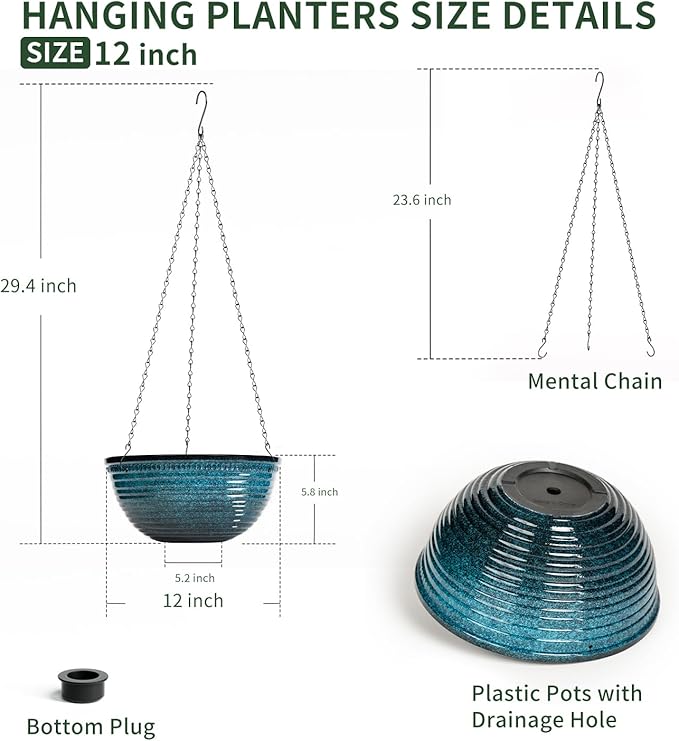 LESOASIS 12 inch Large Hanging Planters for Indoor Outdoor Plants, Set of 2 Glazed Hanging Flower Pots with Drainage Hole, Hanging Baskets for Garden Home Porch Decor