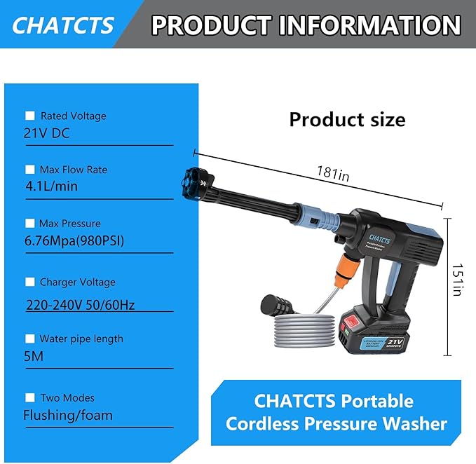 Portable Cordless Pressure Washer, 980PSI Cordless Car Pressure Washer with 2 Batteries, 6 in 1 Nozzle, 5 Meter Hose, for Watering, Cleaning, Car Washing, Floor Washing