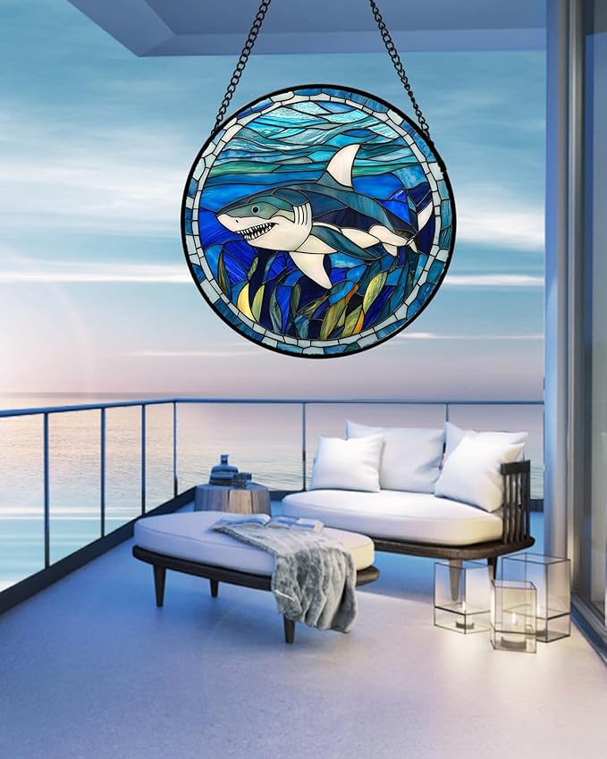 Stained Glass Suncatcher, Blue Ocean Big Shark Sun Catcher Waterweed Stain Glass Window Hanging Decoration Mother's Day Birthday Gifts for Women Men Mom Nana 9.8 in