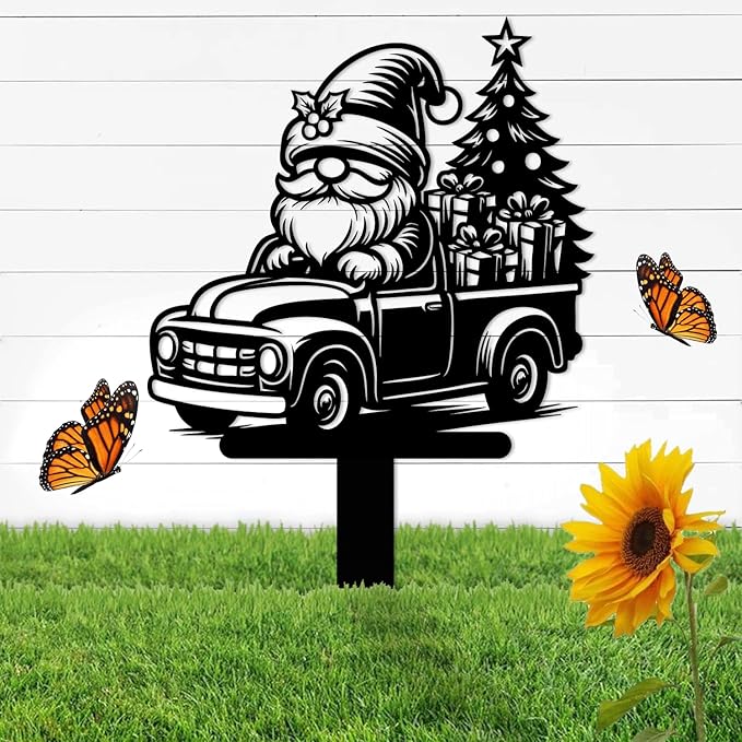 Magilab Personalized Iron Yard Stake - Christmas Cute Gnome Dwarves Decor, 8-Inch Black Metal Garden Sign for Outdoor (Style N)