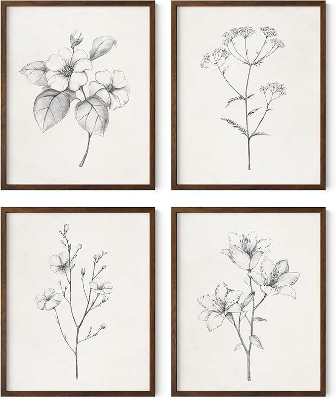 HAUS AND HUES Grey Floral Wall Art - Set of 4 Plant Posters for Wall Vintage, Botanical Prints, Black and White Flower Pictures for Room Aesthetic, Farmhouse Bathroom, Rustic Art (Walnut Frame, 8x10)